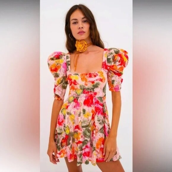 NWT For Love & Lemons Dascha Puff Sleeve Mini Dress Light Pink Floral Lace XS - Picture 1 of 7